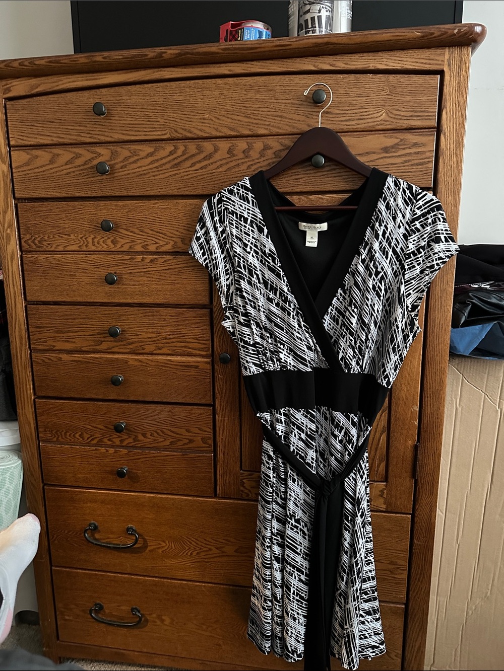 White House Black Market Black and White Printed Wrap Midi Dress